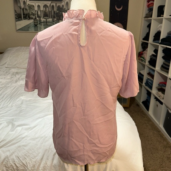 SHEIN | High Ruffle Collar Keyhole Back Short Sleeve Pearl Embellished Blouse - Picture 3 of 13